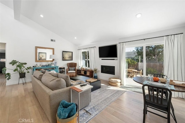 living room with light hardwood / wood-style floors and lofted ceiling