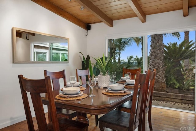 dining space featuring wood ceiling, hardwood / wood-style flooring, and lofted ceiling with beams