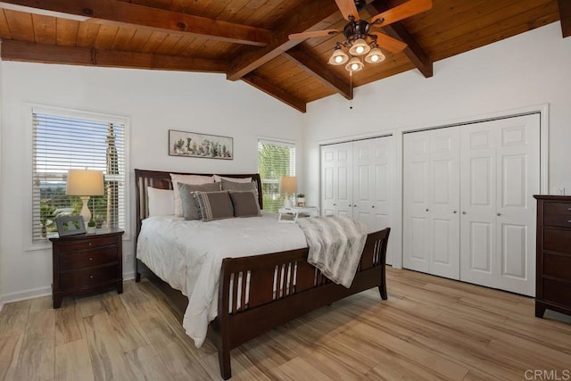 bedroom with ceiling fan, multiple windows, and light hardwood / wood-style floors