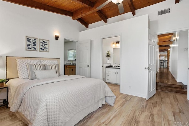 bedroom featuring wood ceiling, vaulted ceiling with beams, ceiling fan, ensuite bathroom, and light hardwood / wood-style flooring