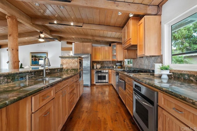 kitchen with dark hardwood / wood-style floors, vaulted ceiling with beams, decorative backsplash, wood ceiling, and stainless steel appliances