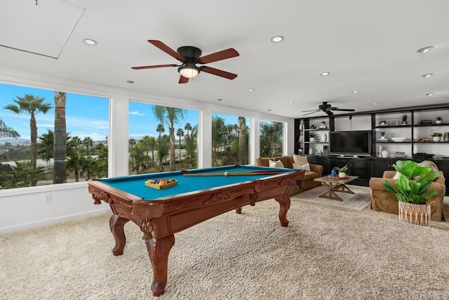 recreation room with ceiling fan, carpet, and billiards