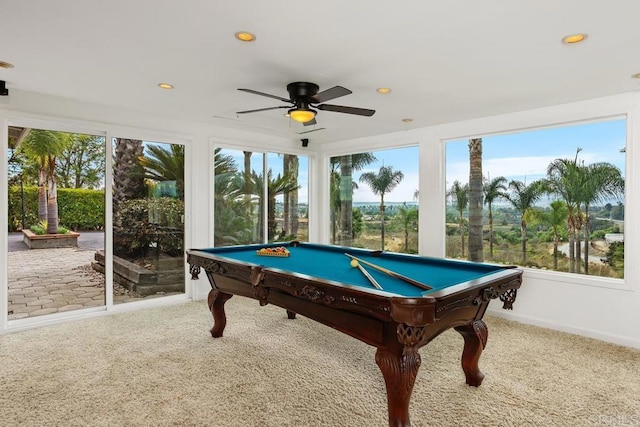 recreation room with ceiling fan, pool table, and carpet flooring