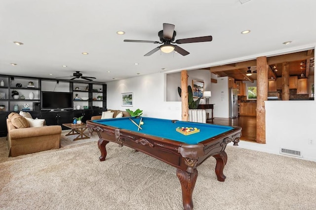 game room with ceiling fan, pool table, and carpet flooring