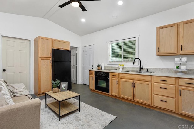 kitchen with black appliances, lofted ceiling, light brown cabinetry, sink, and ceiling fan