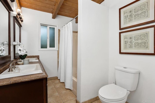 full bathroom featuring toilet, wood ceiling, shower / bath combo with shower curtain, tile patterned floors, and vanity