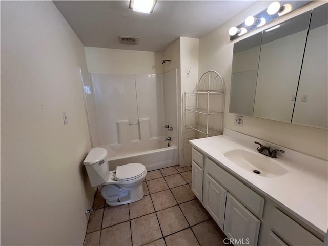 full bathroom with toilet, tile patterned floors, vanity, and bathing tub / shower combination