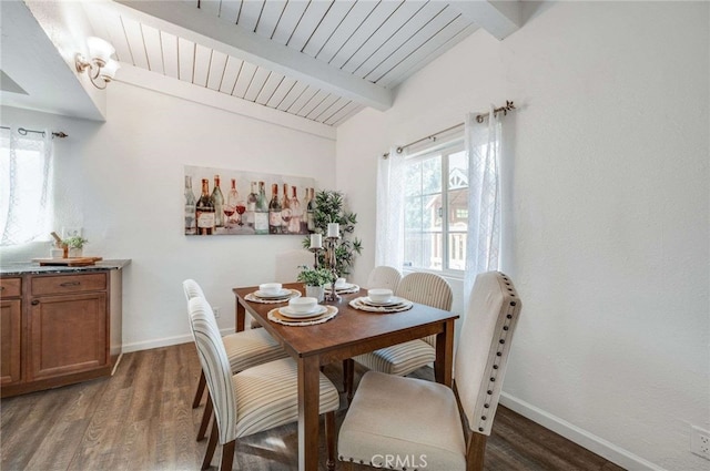 dining space with wood ceiling, dark hardwood / wood-style flooring, and vaulted ceiling with beams