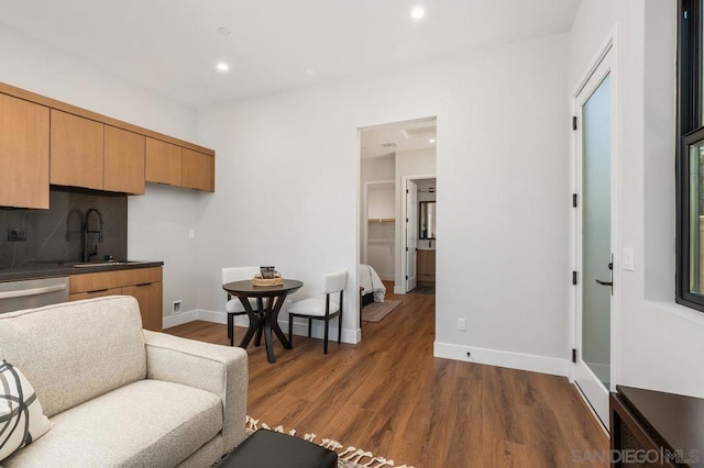 kitchen featuring decorative backsplash, sink, dishwasher, and dark hardwood / wood-style flooring