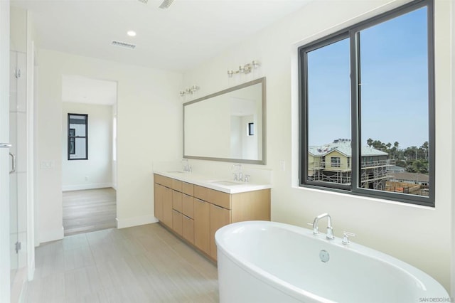 bathroom with plenty of natural light, a bath, and vanity