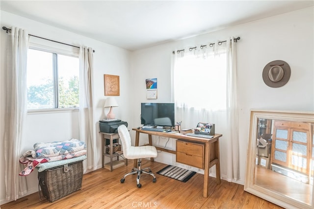 office area with light hardwood / wood-style flooring