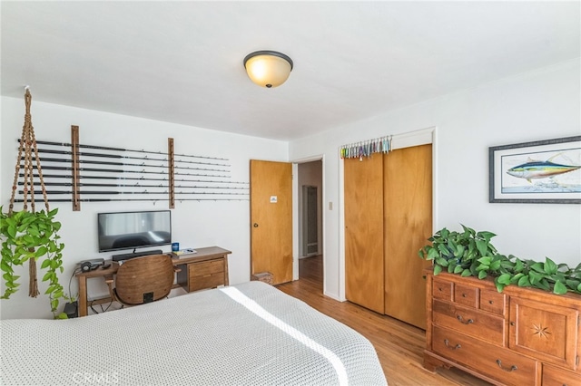 bedroom with light hardwood / wood-style flooring and a closet