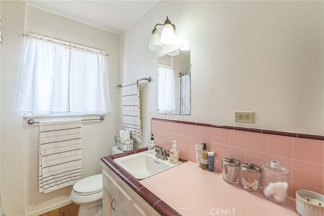 bathroom with vanity, toilet, and a healthy amount of sunlight