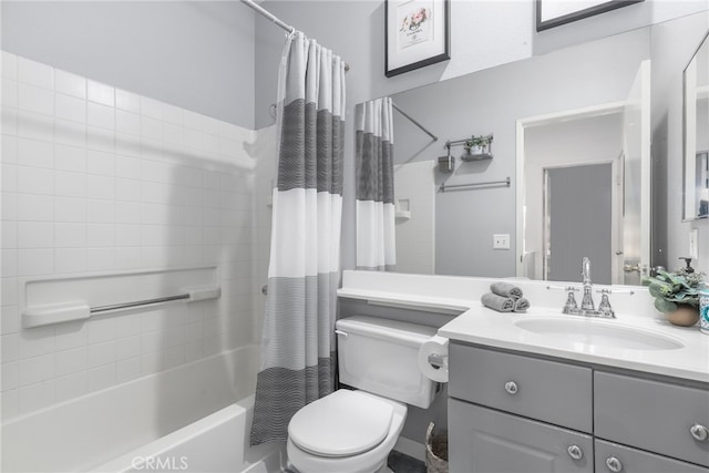 full bathroom featuring vanity, toilet, and shower / bathtub combination with curtain