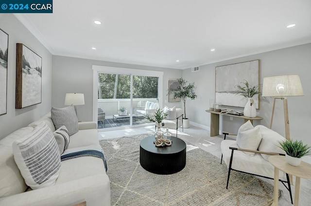 living room with crown molding