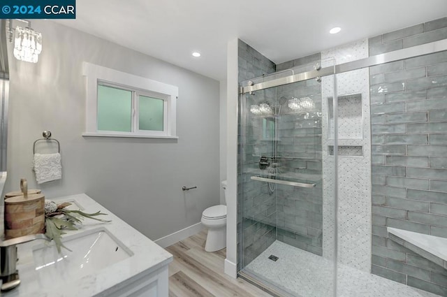 bathroom featuring toilet, hardwood / wood-style floors, a shower with shower door, and vanity