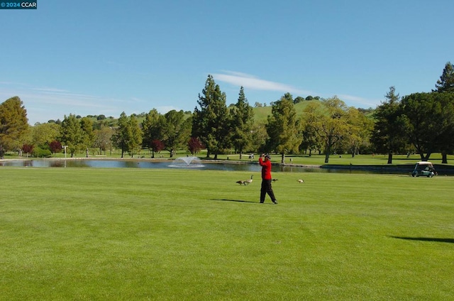 view of home's community with a yard and a water view