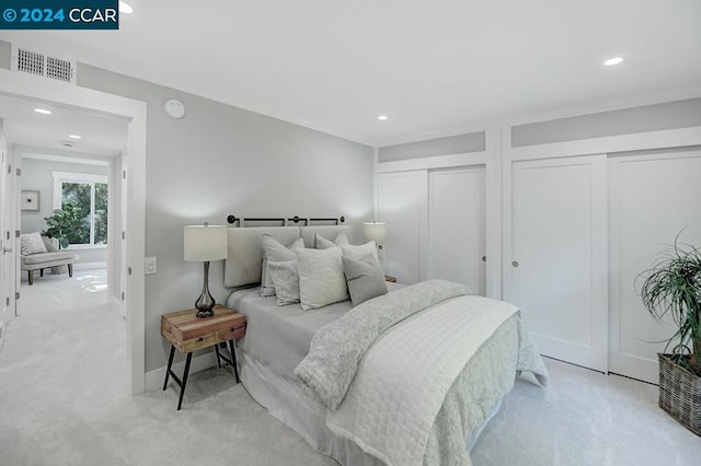 bedroom with two closets and light colored carpet