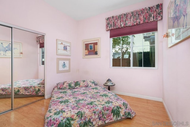 bedroom with hardwood / wood-style flooring and a closet