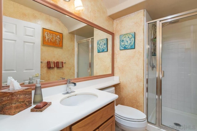 bathroom with vanity, an enclosed shower, and toilet