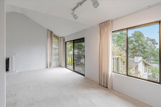 carpeted spare room featuring lofted ceiling and track lighting