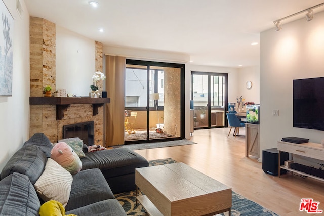 living room featuring light wood-type flooring and a stone fireplace