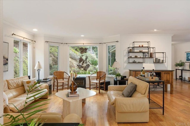 living room with crown molding, plenty of natural light, and light hardwood / wood-style floors