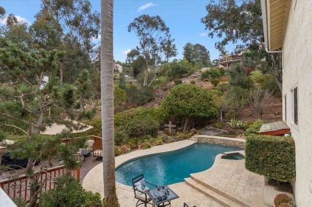 view of swimming pool featuring an in ground hot tub