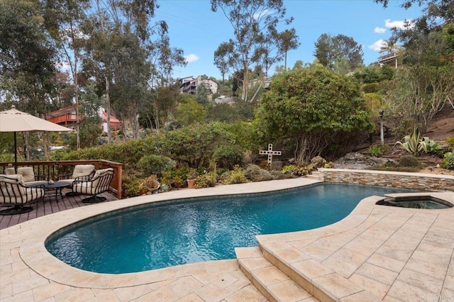 view of swimming pool featuring an in ground hot tub