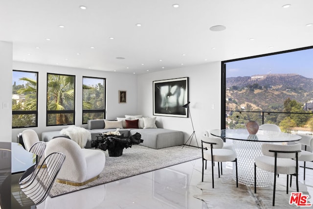 living room featuring a mountain view and a wealth of natural light