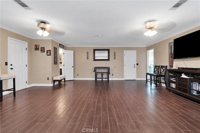 living room featuring ceiling fan, crown molding, and dark hardwood / wood-style floors