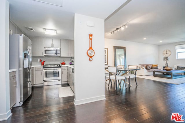 kitchen featuring tasteful backsplash, stainless steel appliances, and dark hardwood / wood-style floors