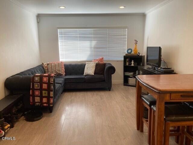 living room with light wood-type flooring and ornamental molding