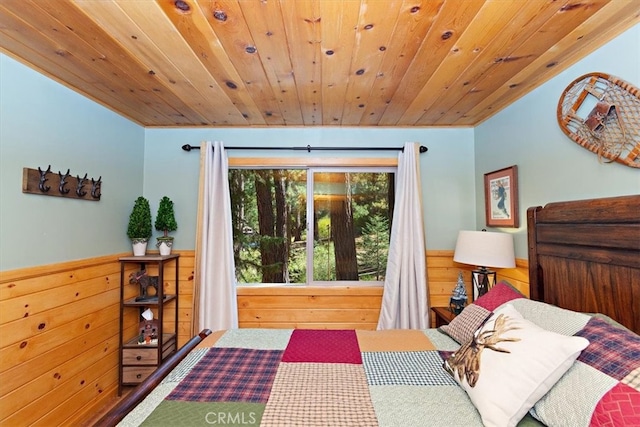 bedroom featuring wooden walls and wooden ceiling