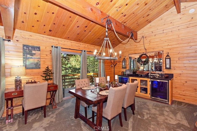 dining space featuring dark carpet, wooden walls, and vaulted ceiling with beams