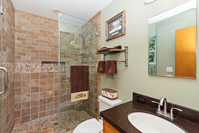 bathroom featuring toilet, vanity, and a shower with door