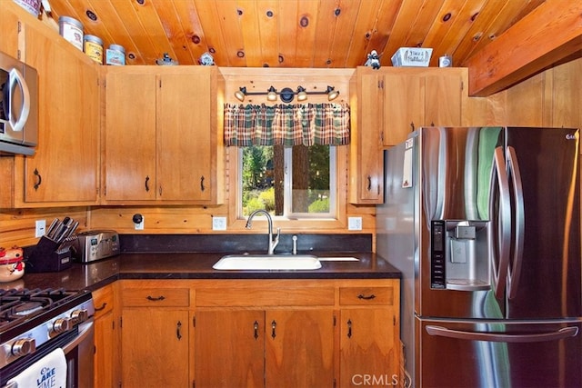 kitchen with wood ceiling, stainless steel appliances, and sink