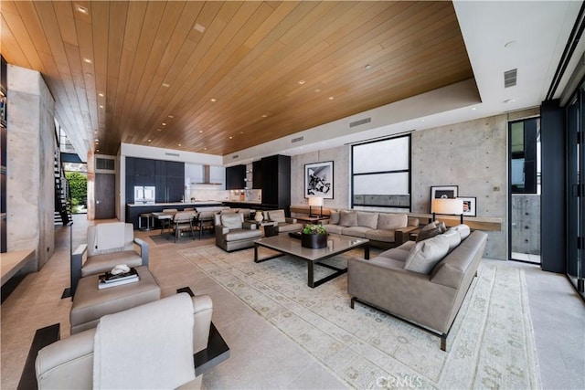 living room with wood ceiling