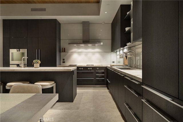 kitchen featuring sink, exhaust hood, and a breakfast bar area