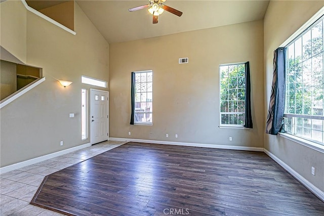 425 Bakeman Ln, Arroyo Grande, CA 93420 - foyer entrance featuring a ceiling fan, high vaulted ceiling, and wood finished floors