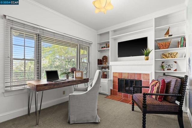 office featuring a fireplace, plenty of natural light, and carpet