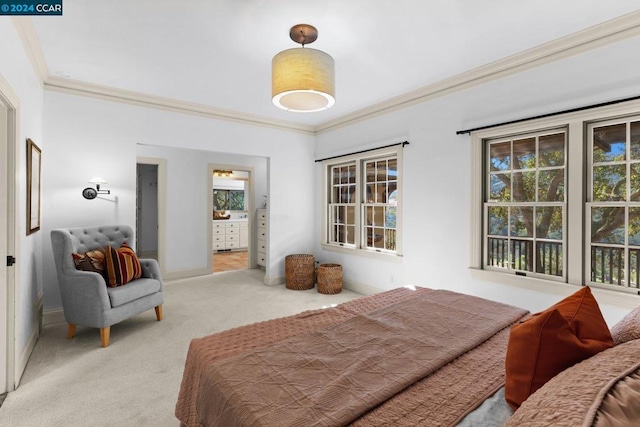 bedroom featuring crown molding and carpet flooring