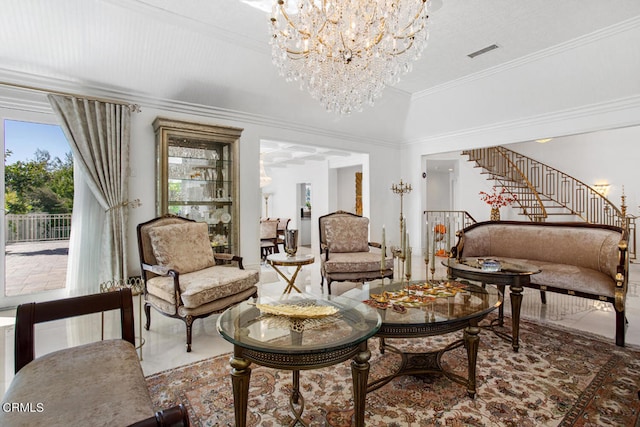 sitting room featuring a notable chandelier, ornamental molding, and tile patterned flooring