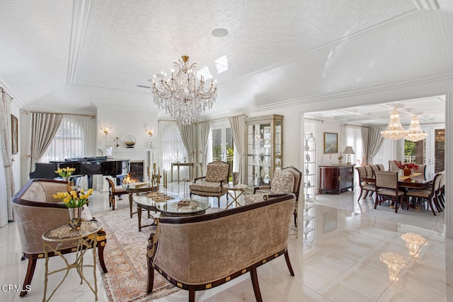 tiled living room with a wealth of natural light, a textured ceiling, and an inviting chandelier