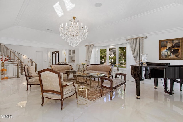 living room featuring french doors, ornamental molding, and an inviting chandelier