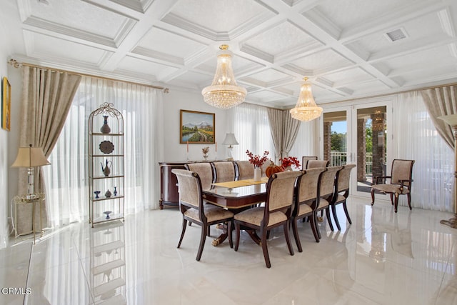 dining area featuring french doors, beam ceiling, a chandelier, and coffered ceiling