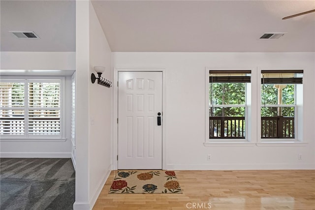 14331 Troy Way, Magalia, CA 95954 - foyer featuring baseboards, a ceiling fan, visible vents, and wood finished floors