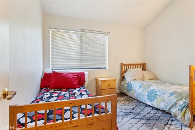 bedroom with lofted ceiling and hardwood / wood-style flooring