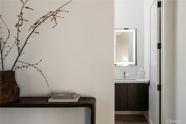 bathroom featuring hardwood / wood-style floors and vanity