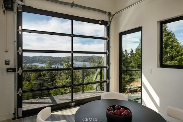 sunroom / solarium featuring a water view